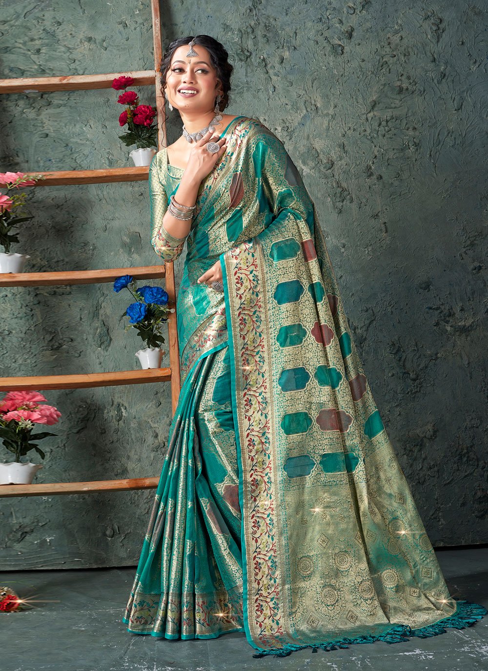 Designer Organza Sea Green Weaving Saree