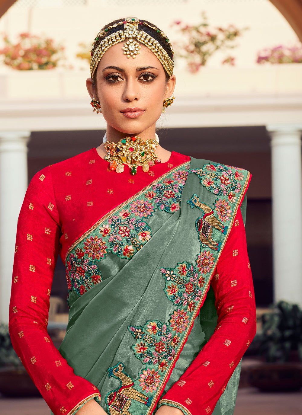 Contemporary Organza Sea Green Embroidered Saree
