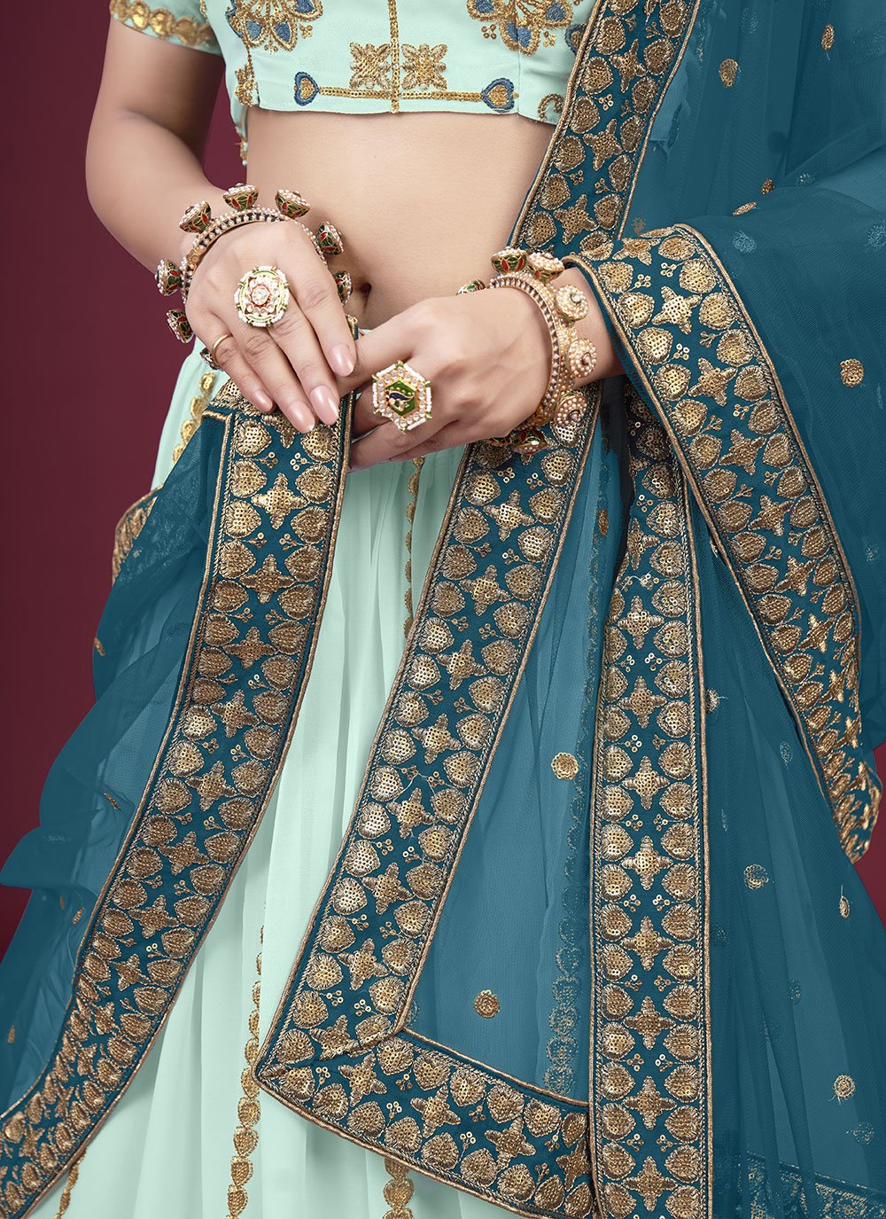 A Line Lehenga Faux Georgette Sea Green Embroidered Lehenga Choli