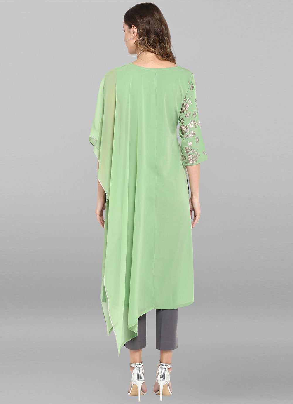 Casual Kurti Faux Crepe Sea Green Foil Print Kurtis