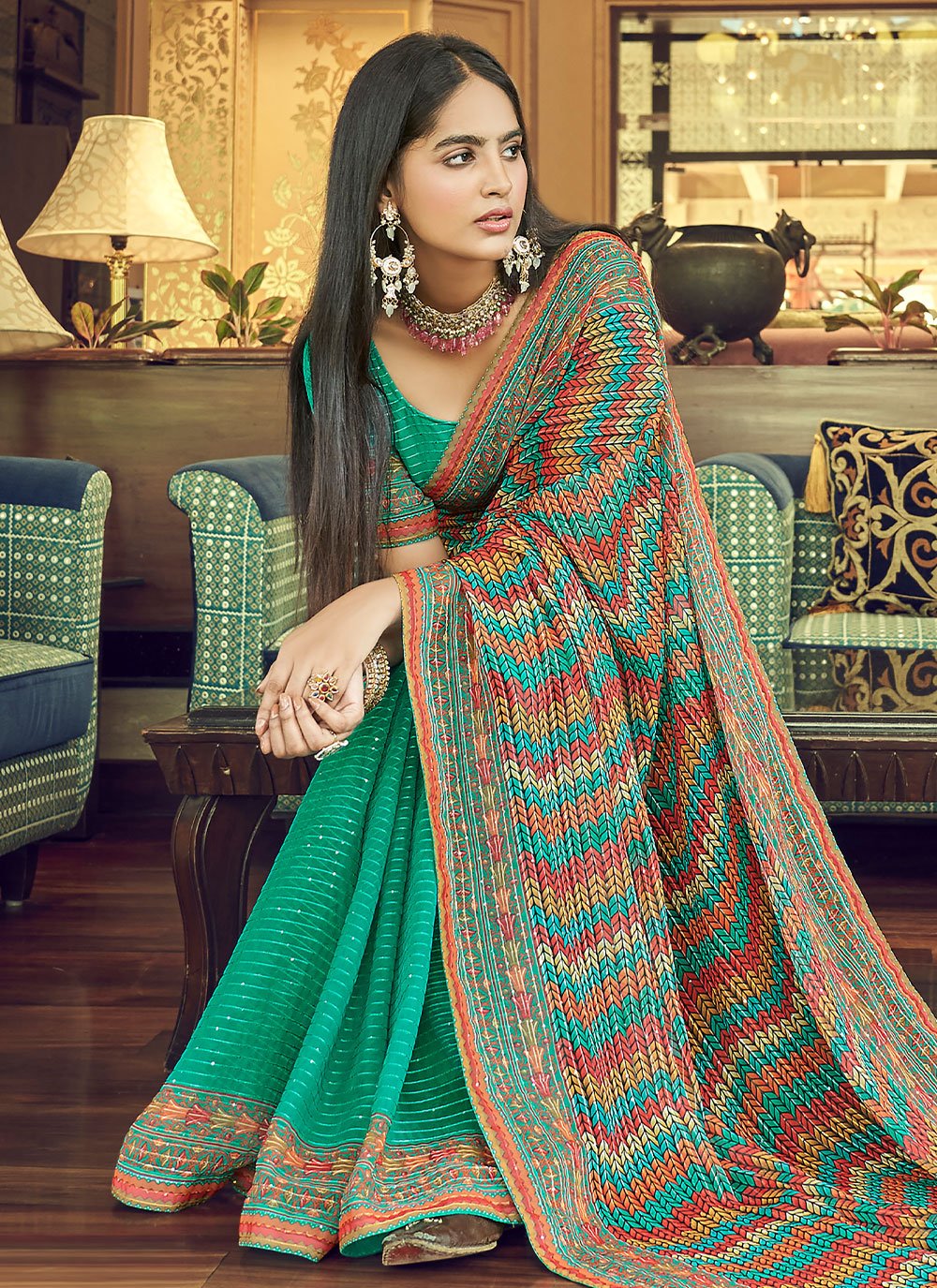 Contemporary Georgette Sea Green Sequins Saree
