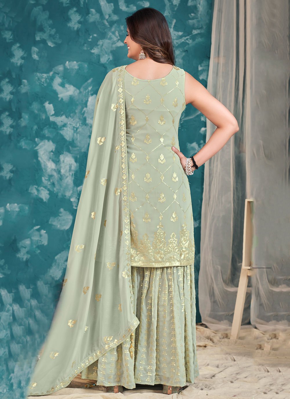 Salwar Suit Georgette Sea Green Sequins Salwar Kameez
