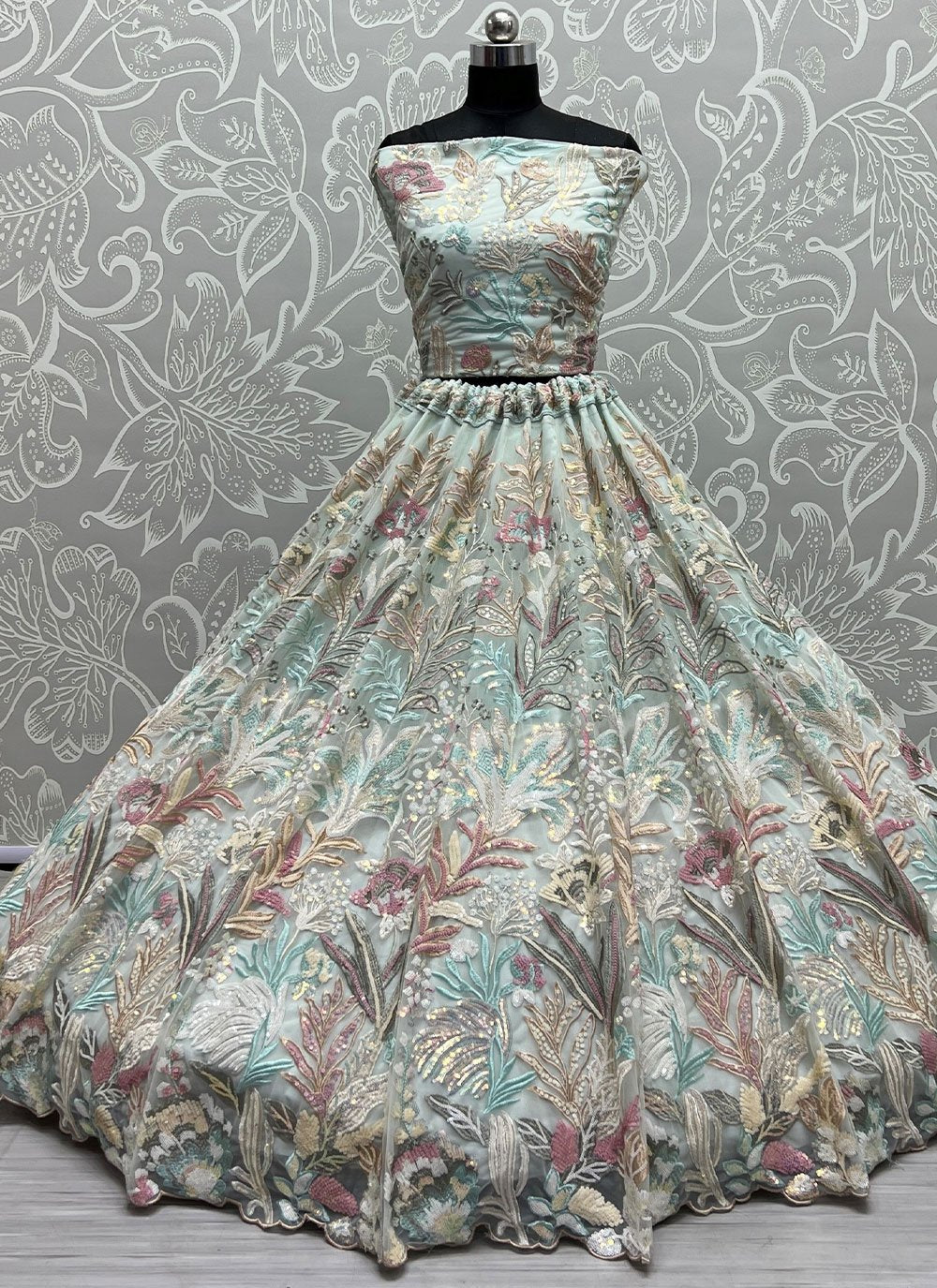 Lehenga Choli Net Sea Green Embroidered Lehenga Choli