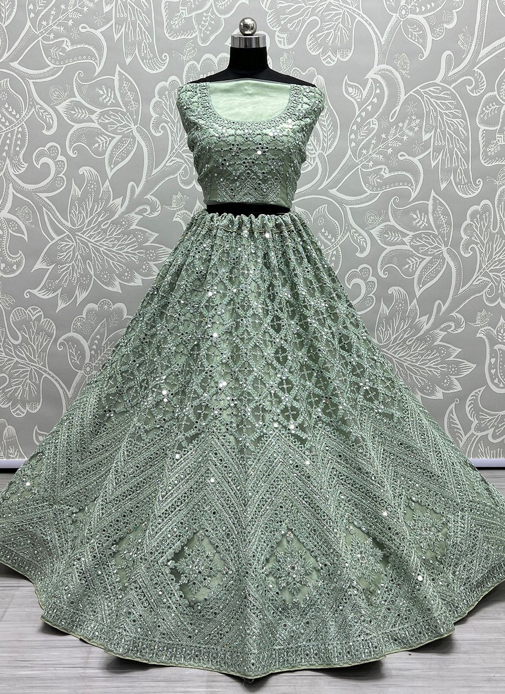 Lehenga Choli Net Sea Green Diamond Lehenga Choli