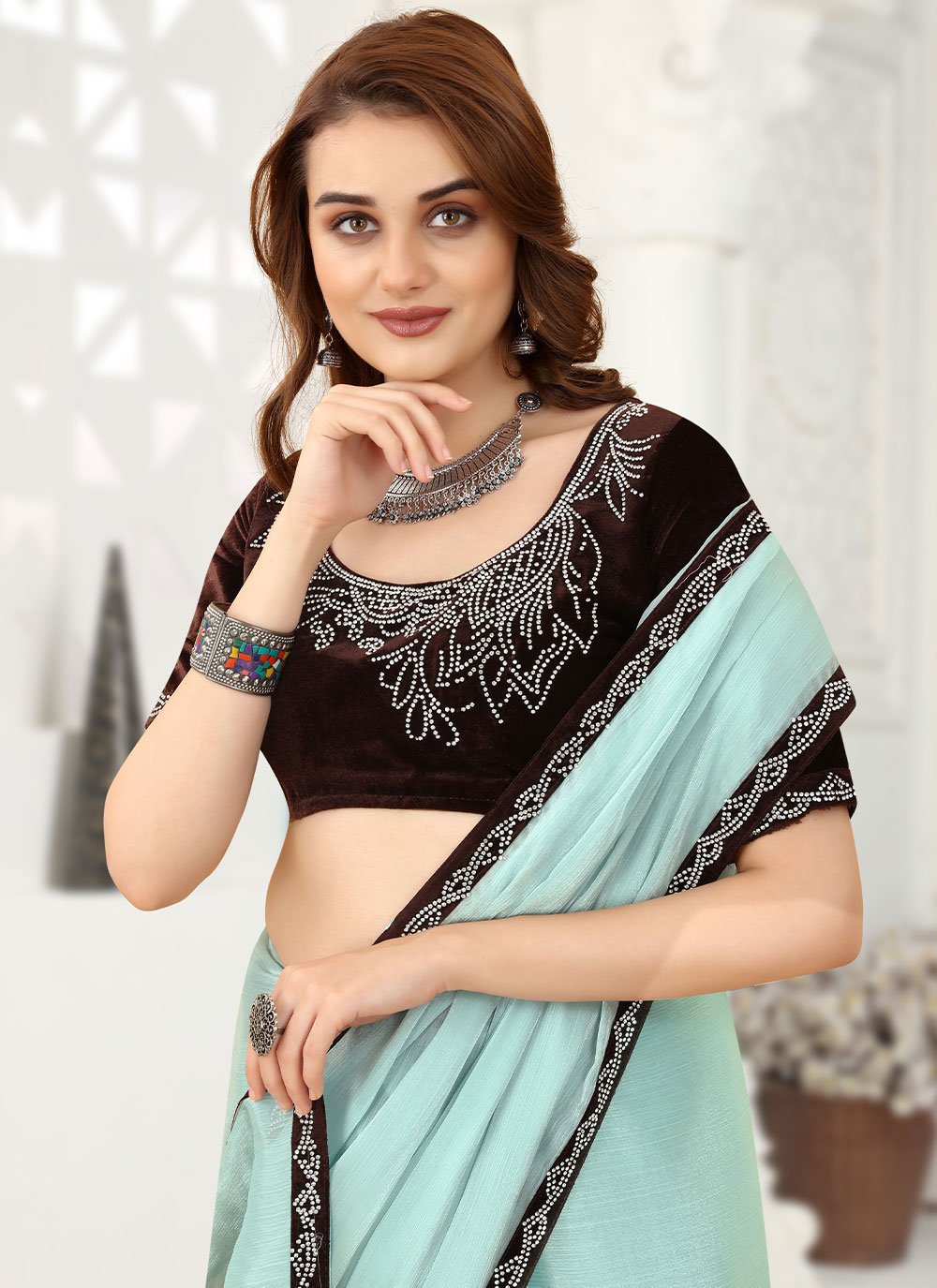 Designer Organza Sea Green Lace Saree