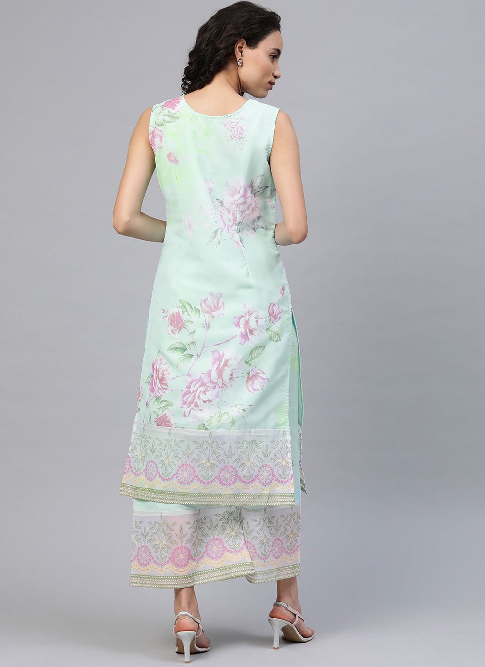 Party Wear Kurti Organza Sea Green Digital Print Kurtis