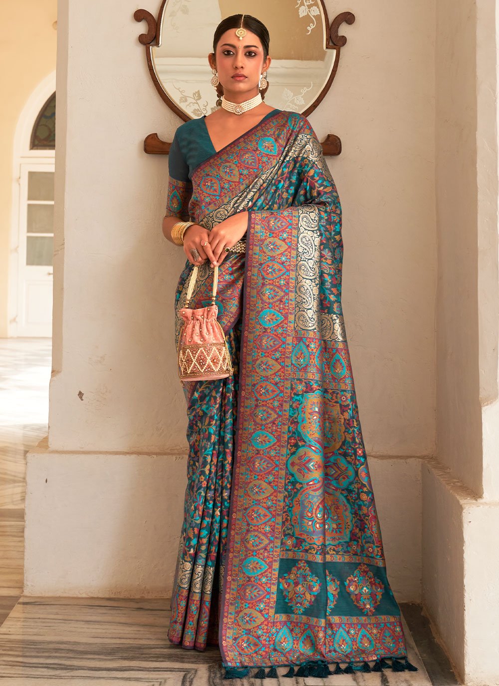Contemporary Pashmina Sea Green Kashmiri Saree