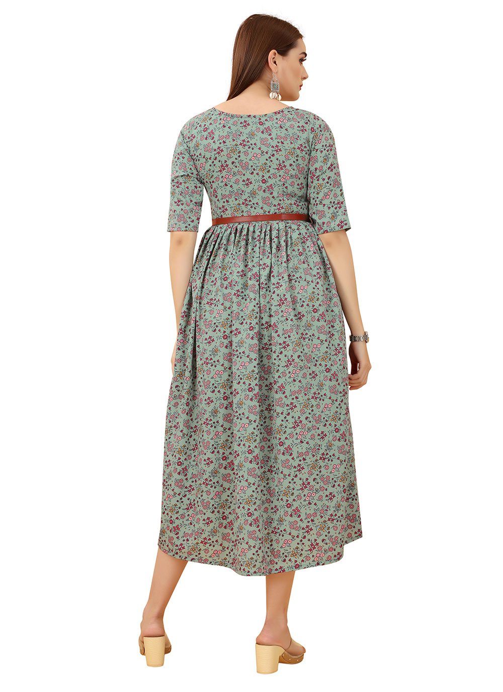 Gown Faux Crepe Sea Green Print Gown