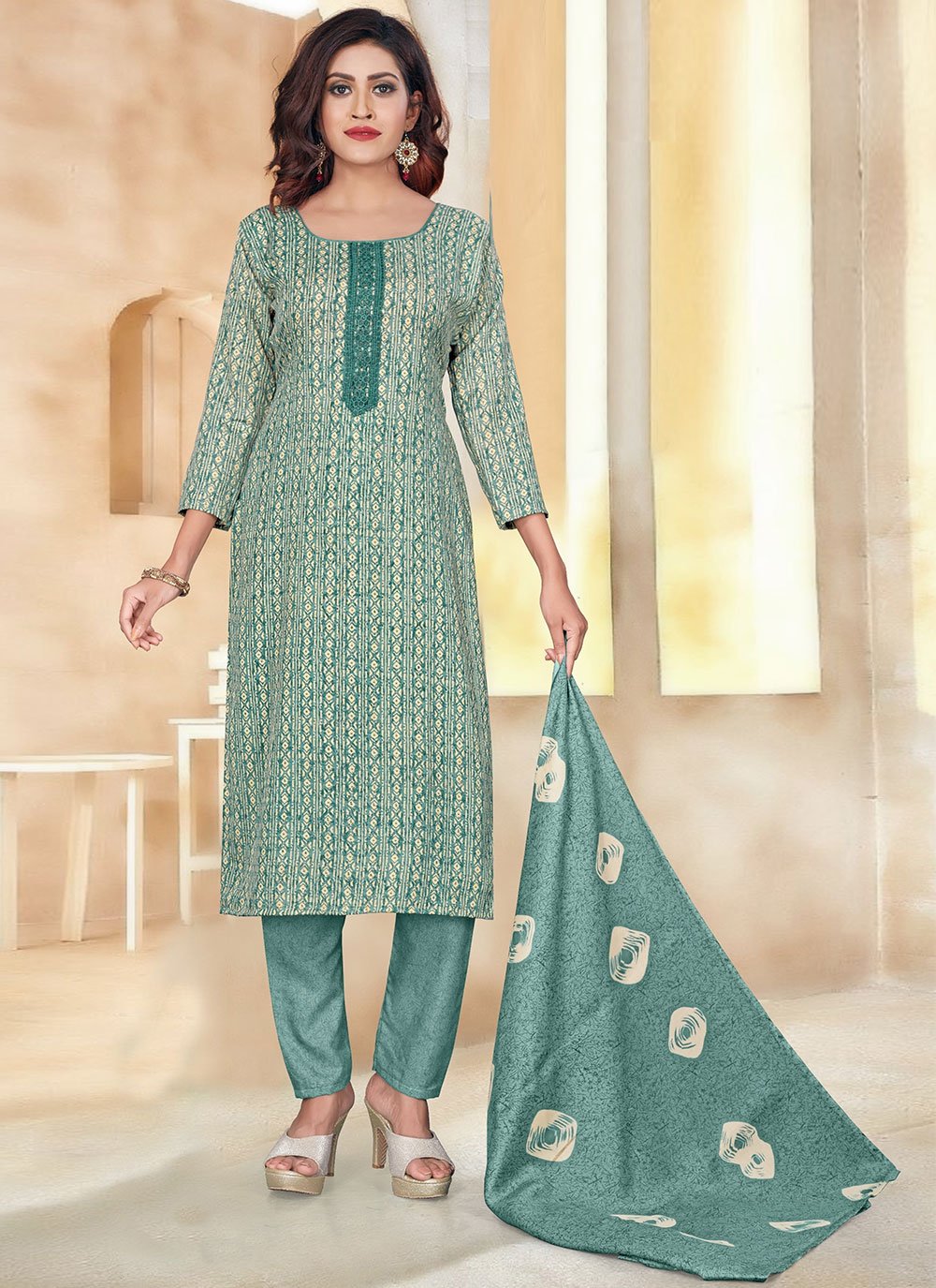 Salwar Suit Cotton Sea Green Print Salwar Kameez