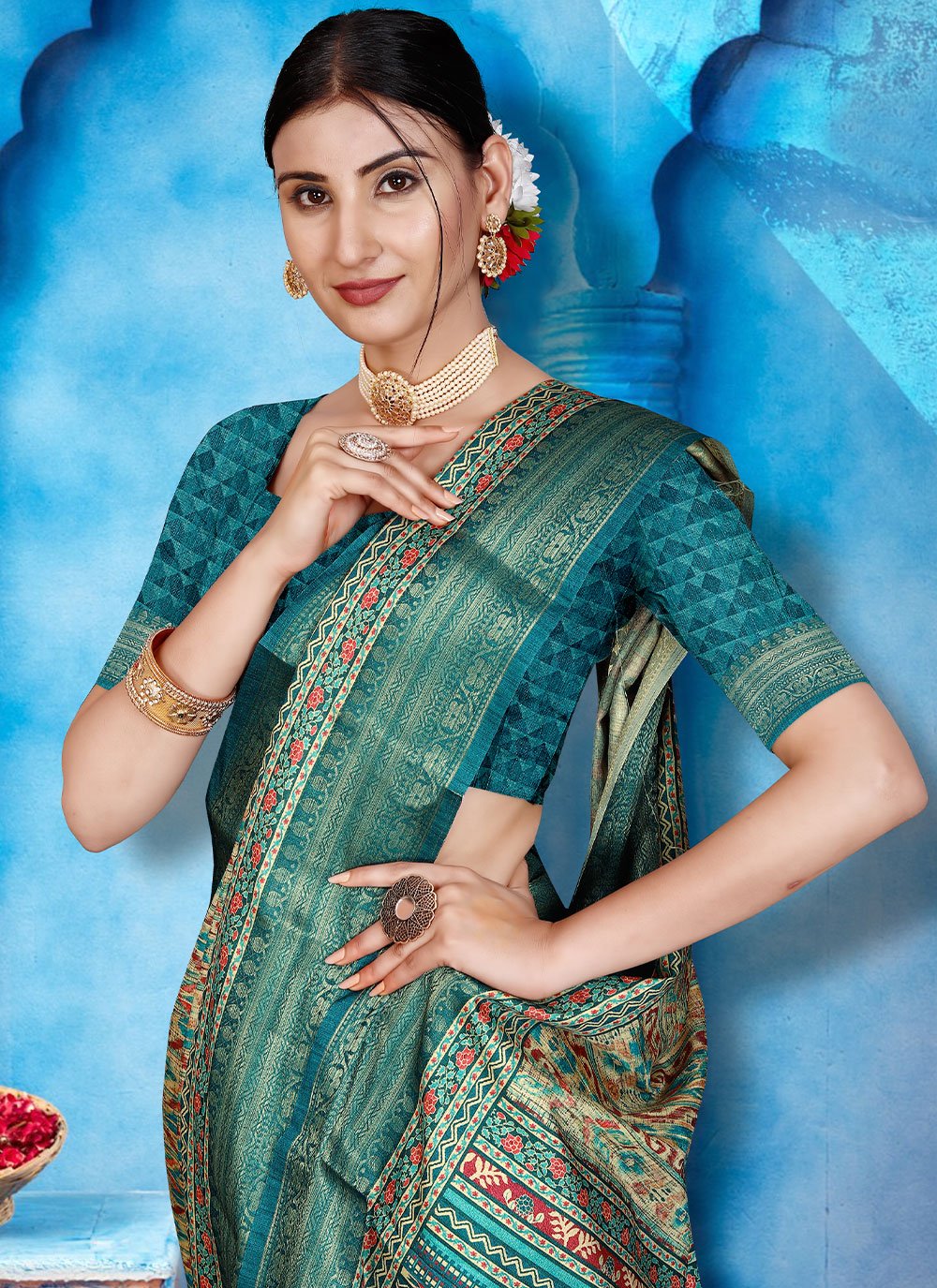 Classic Tussar Silk Sea Green Patch Border Saree