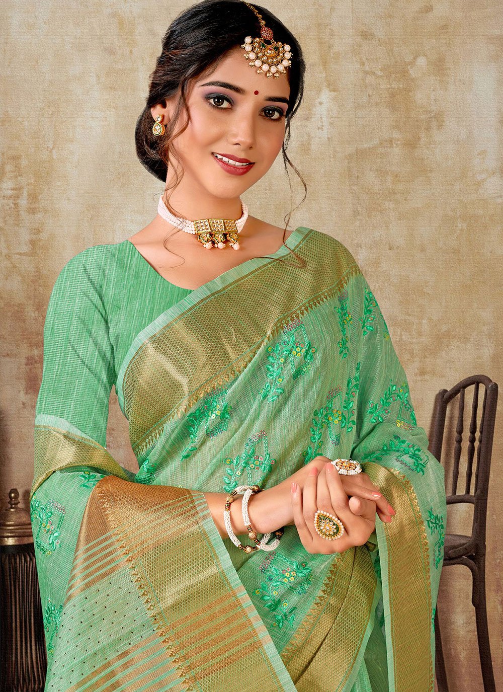 Contemporary Linen Tissue Sea Green Embroidered Saree