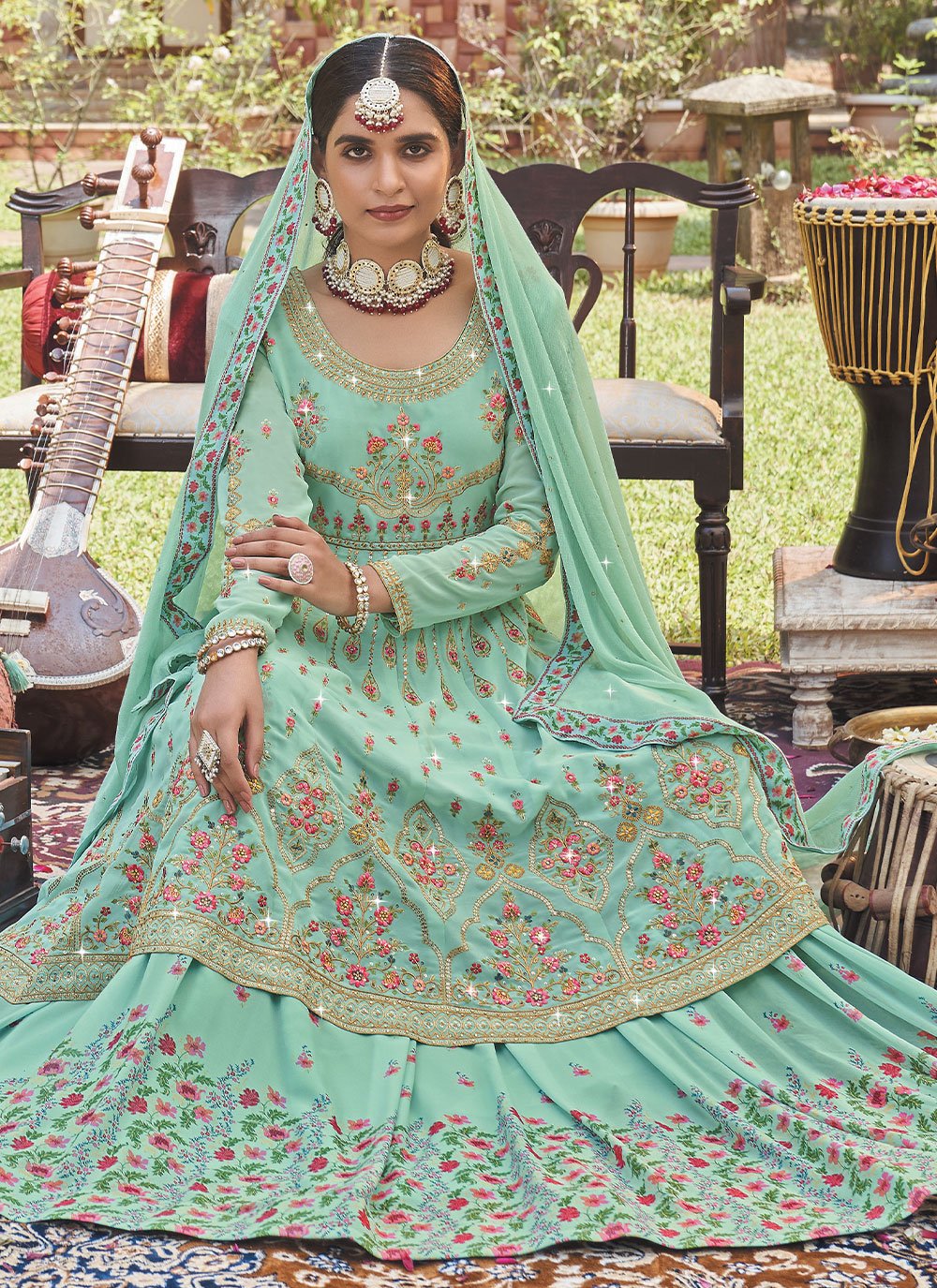 Lehenga Choli Georgette Sea Green Digital Print Lehenga Choli