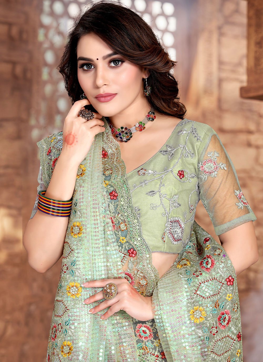 Contemporary Net Sea Green Embroidered Saree