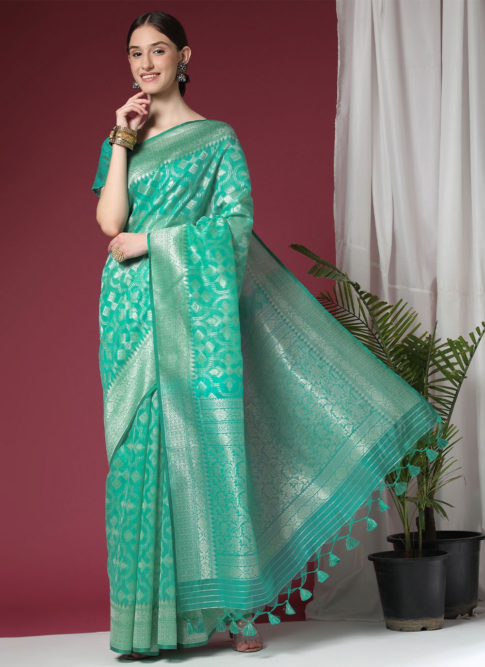 Contemporary Organza Silk Sea Green Weaving Saree