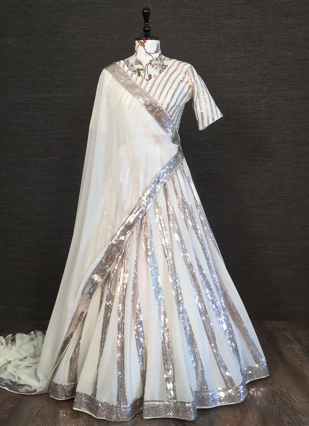 A Line Lehenga Georgette White Embroidered Lehenga Choli