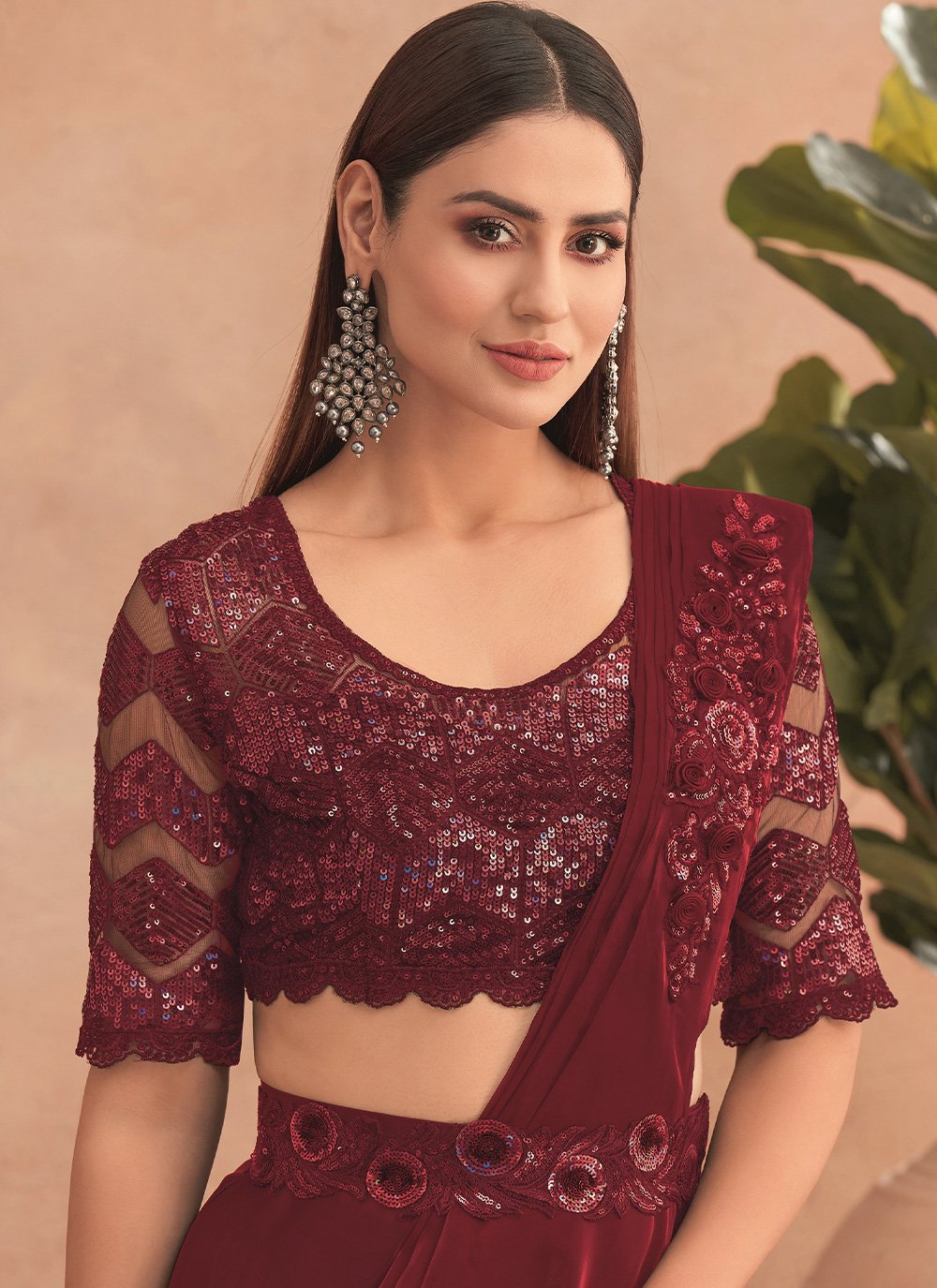 Lehenga Style Saree Net Brown Embroidered Saree