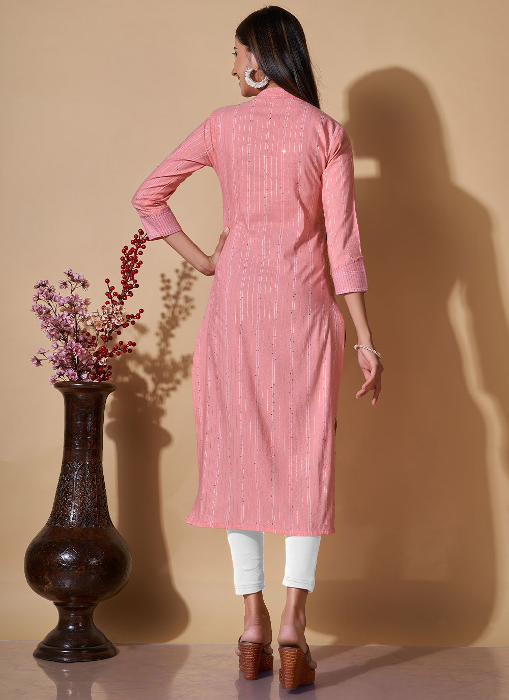 Casual Kurti Cotton Peach Sequins Kurtis