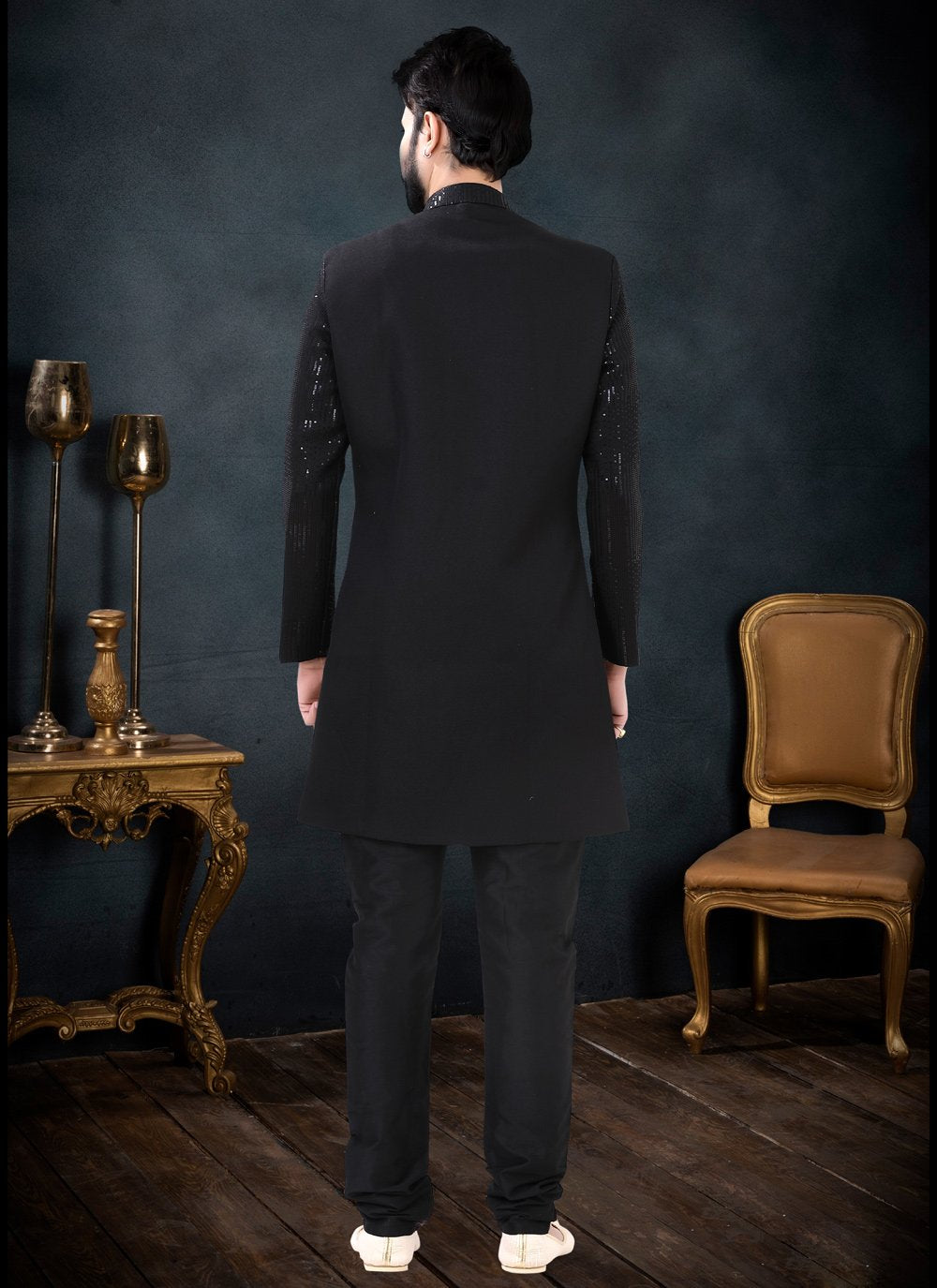 Indo Western Sherwani Fancy Fabric Black Sequins Mens