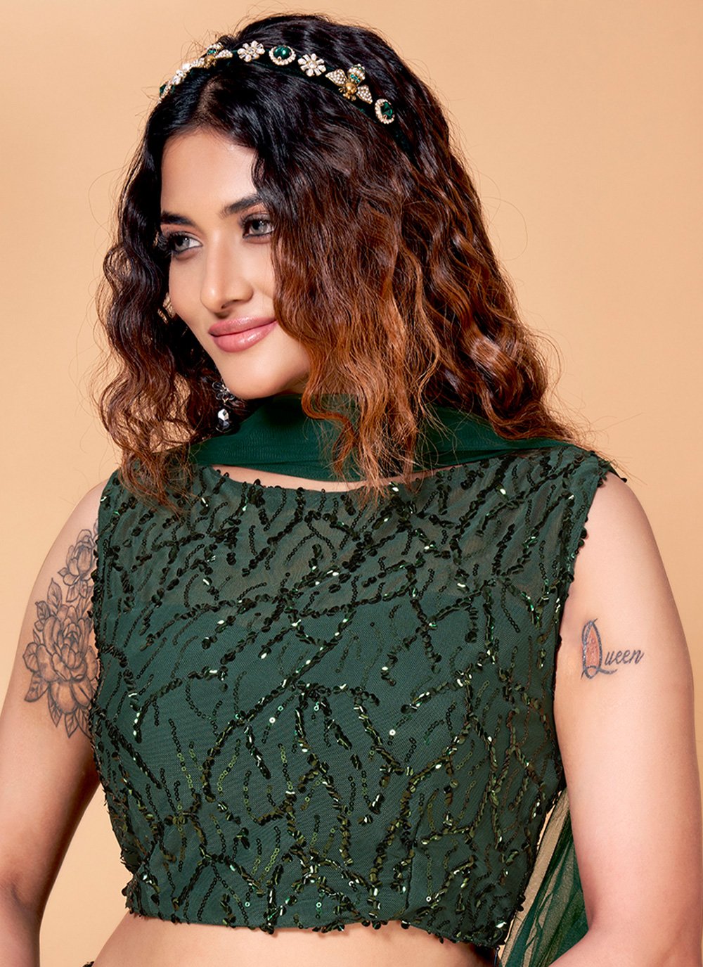 Readymade Lehenga Choli Fancy Fabric Imported Black Green Sequins Lehenga Choli