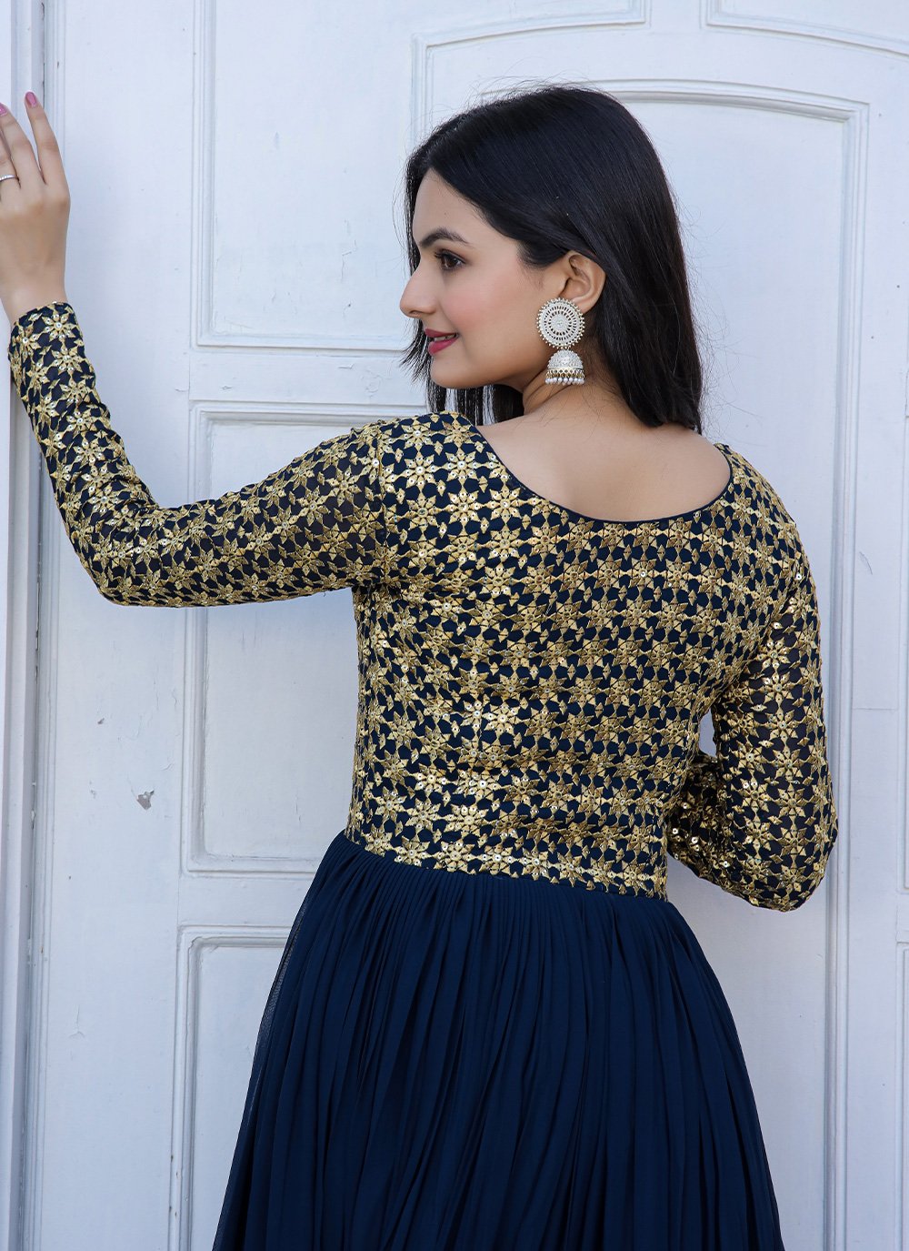 Gown Faux Georgette Blue Embroidered Gown