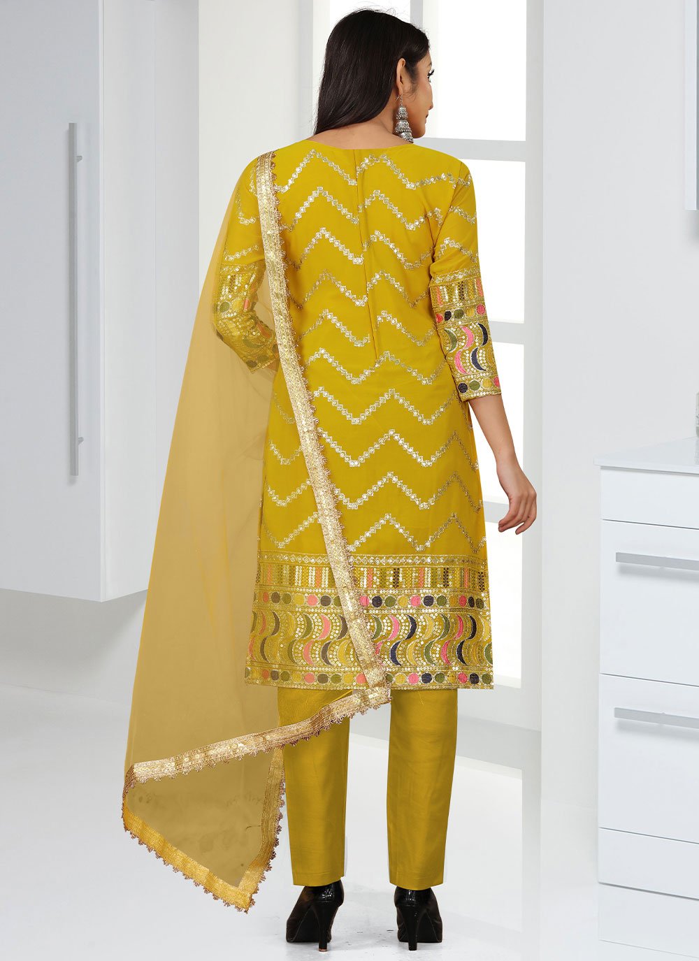 Straight Salwar Suit Faux Georgette Mustard Embroidered Salwar Kameez