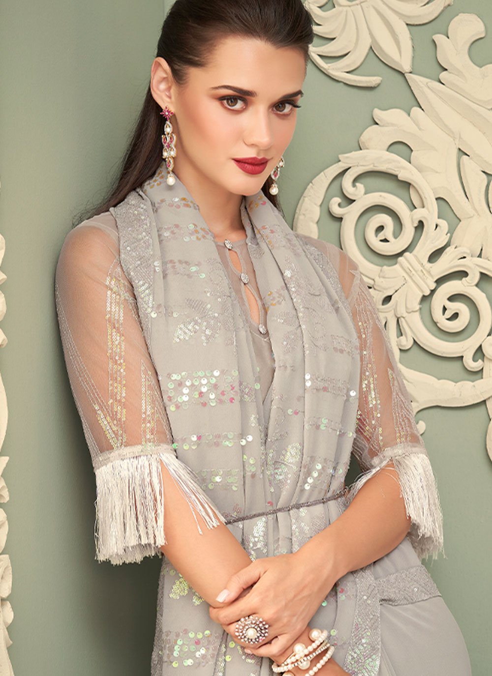 Classic Georgette Grey Embroidered Saree
