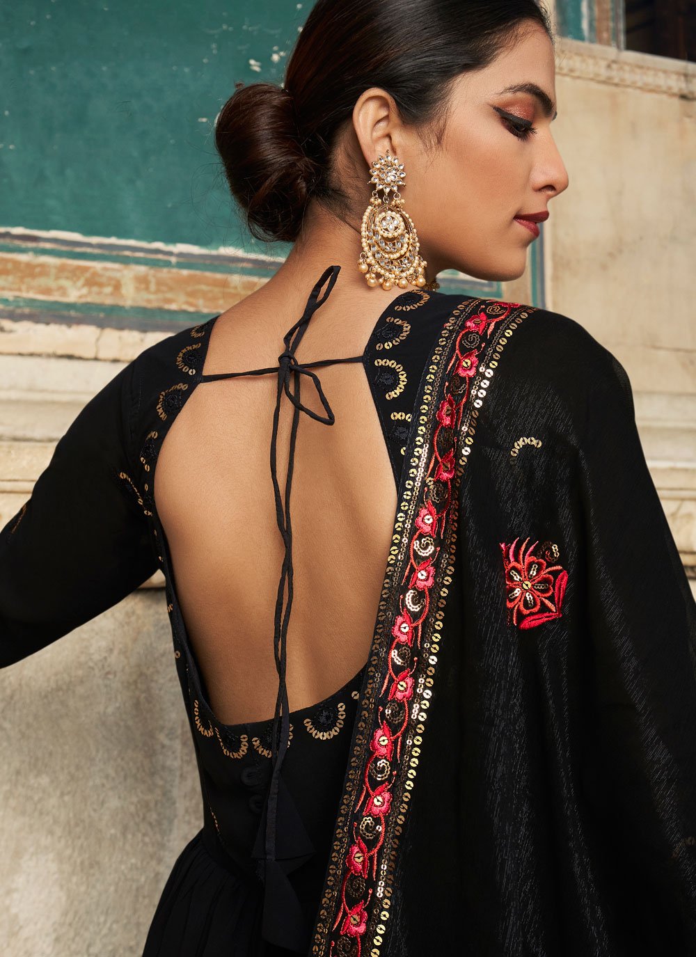 Designer Gown Georgette Black Embroidered Gown