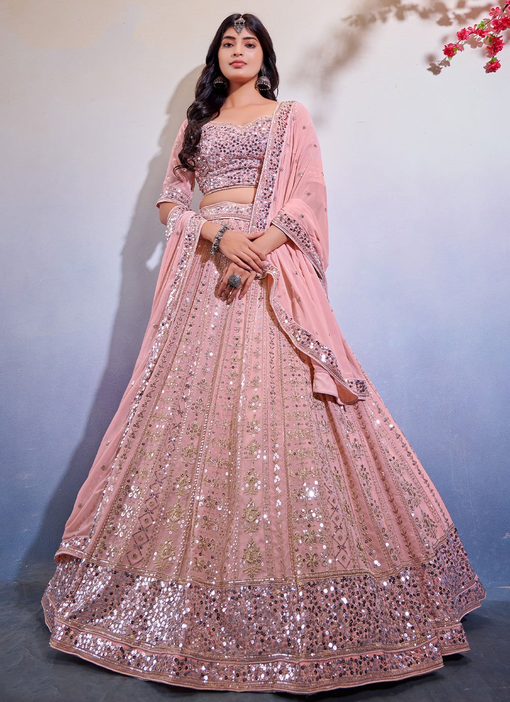A Line Lehenga Georgette Pink Sequins Lehenga Choli