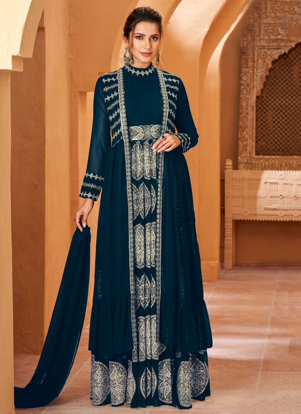 Gown Georgette Teal Embroidered Gown