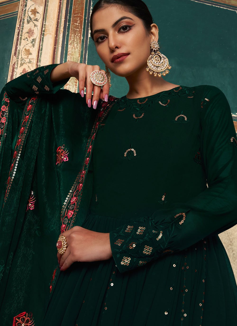 Gown Georgette Green Embroidered Gown