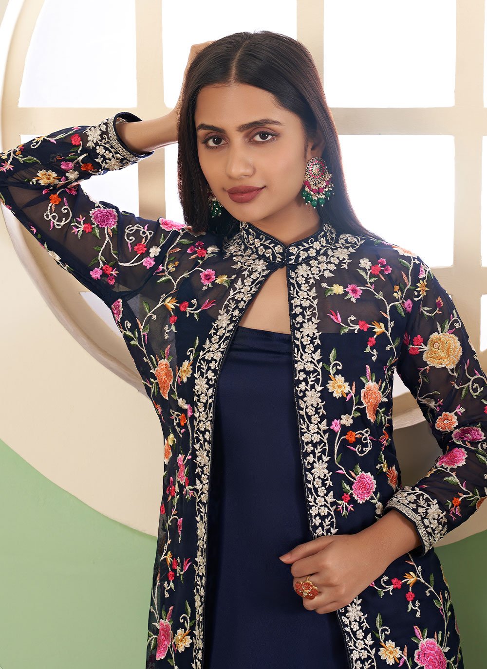 Jacket Style Suit Georgette Blue Embroidered Salwar Kameez