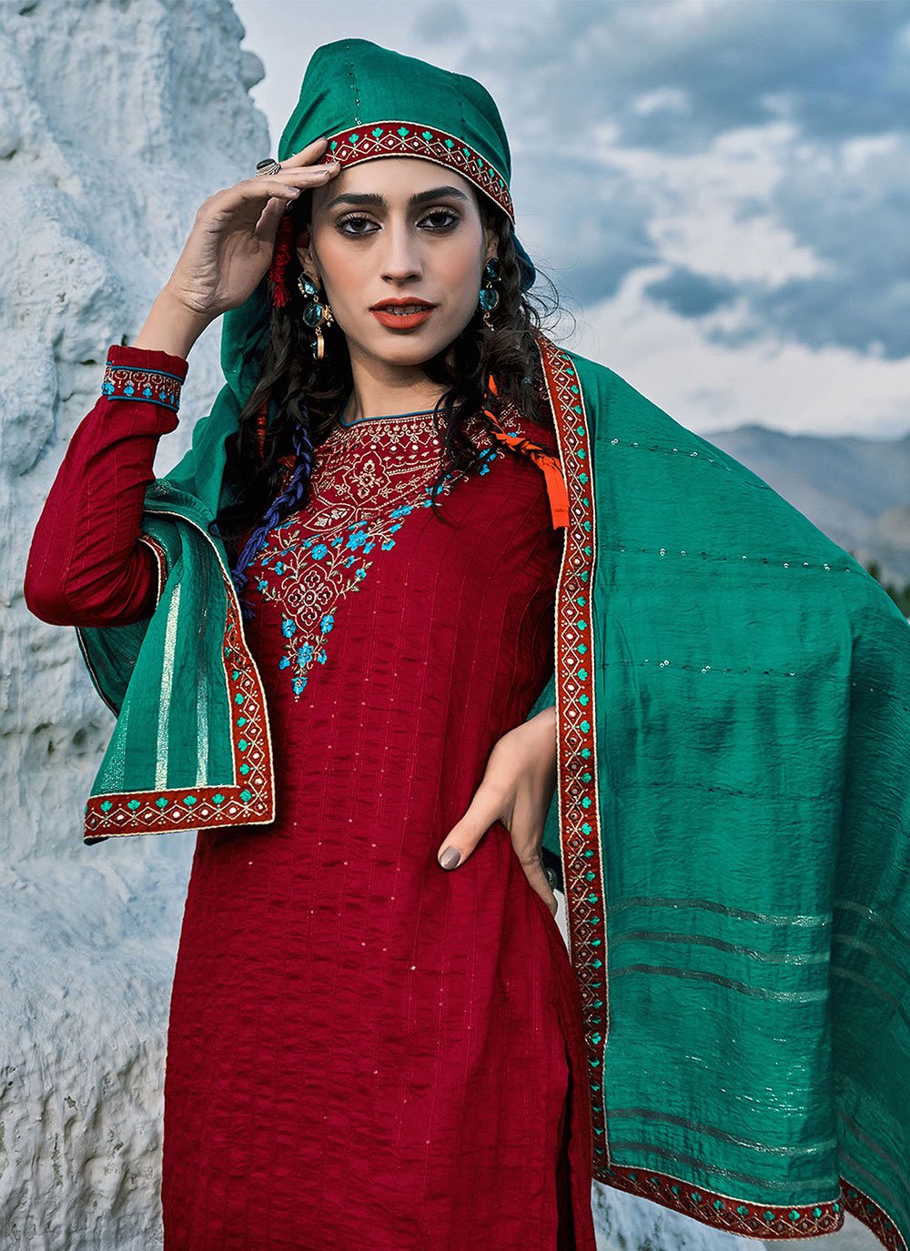 Salwar Suit Chinon Maroon Embroidered Salwar Kameez