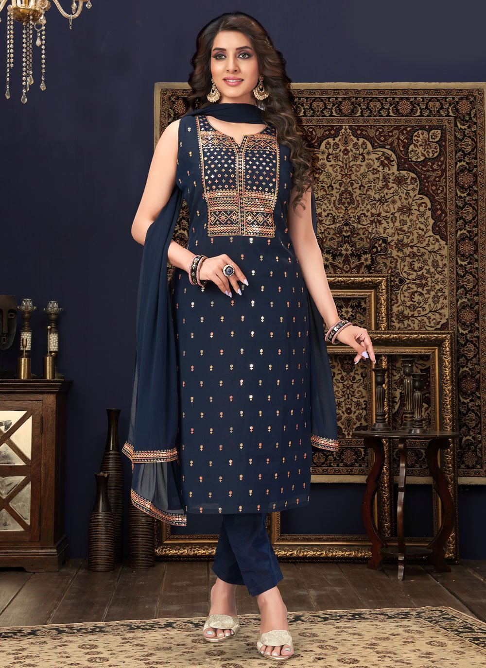 Salwar Suit Silk Blue Embroidered Salwar Kameez