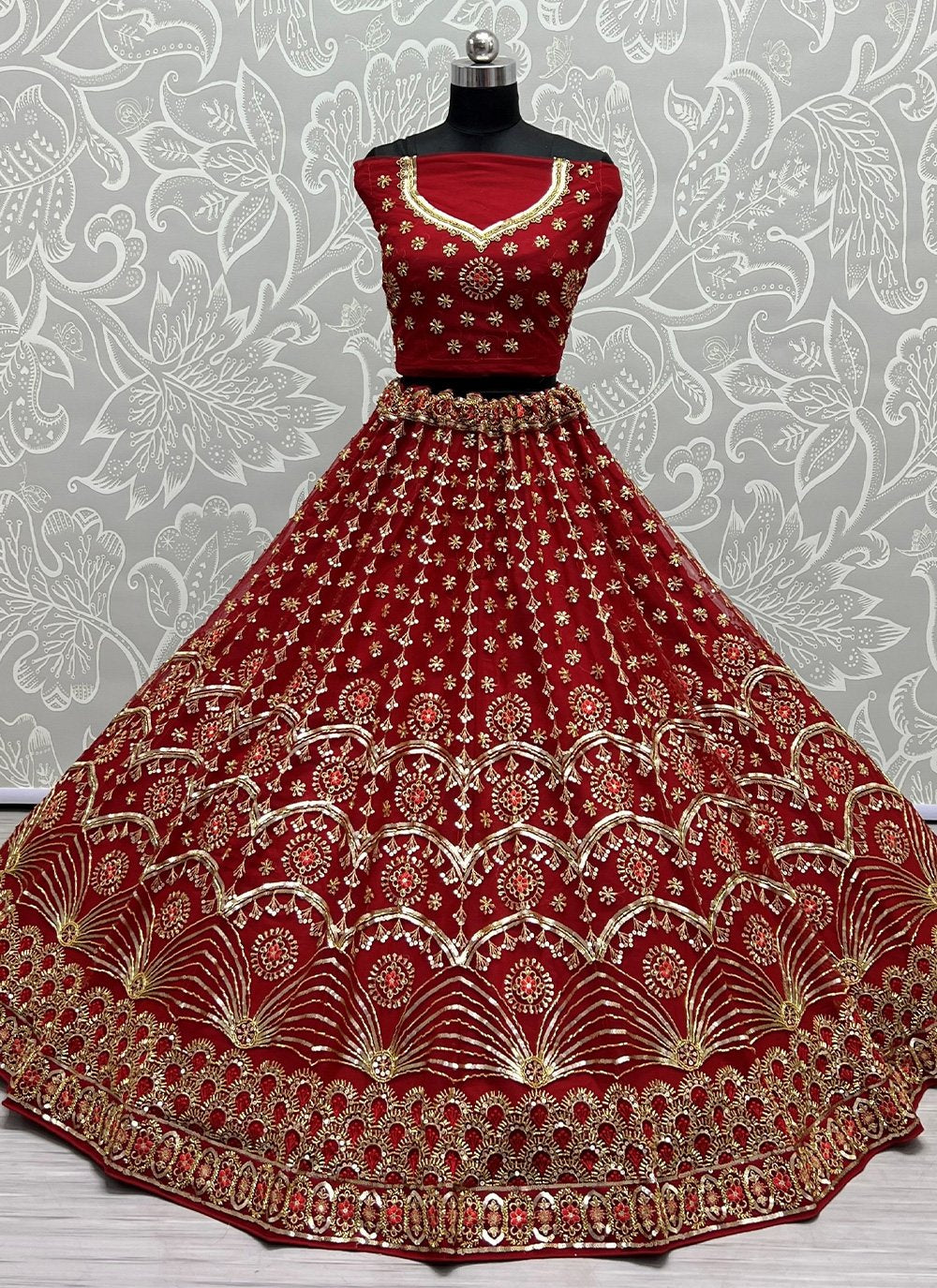 Lehenga Choli Net Red Embroidered Lehenga Choli