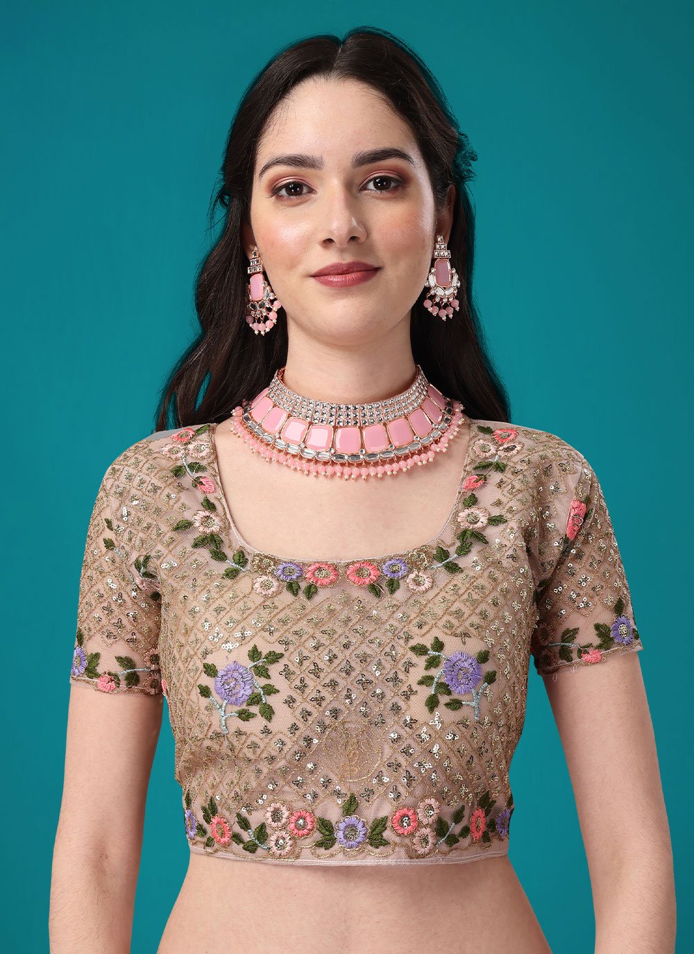 A Line Lehenga Net Peach Embroidered Lehenga Choli