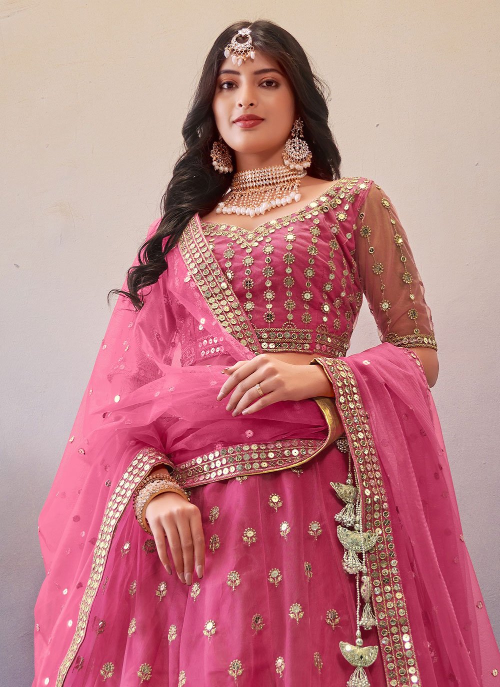 Lehenga Choli Net Pink Embroidered Lehenga Choli