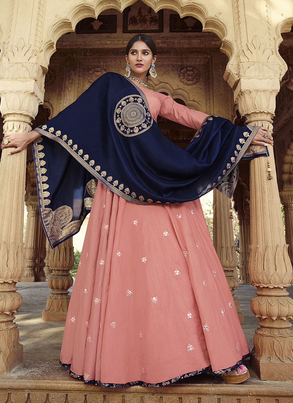 Designer Gown Jacquard Peach Embroidered Gown