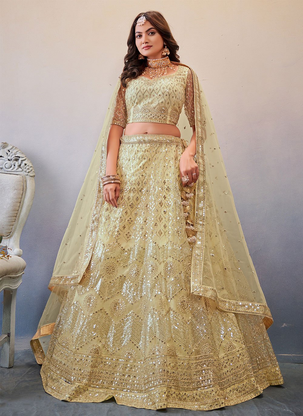 Lehenga Choli Net Cream Embroidered Lehenga Choli