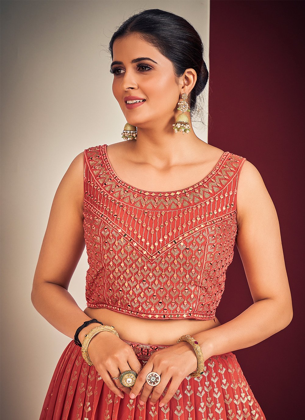 Lehenga Choli Georgette Red Mirror Lehenga Choli