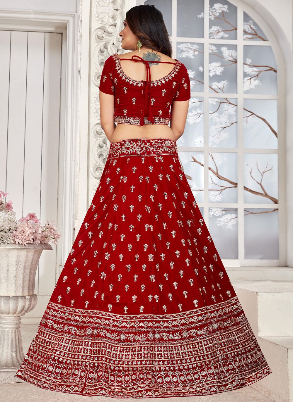 A Line Lehenga Velvet Maroon Embroidered Lehenga Choli