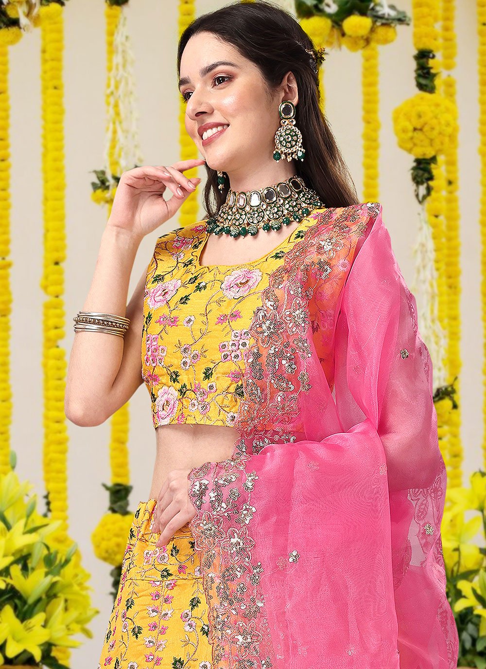 A Line Lehenga Satin Silk Yellow Embroidered Lehenga Choli