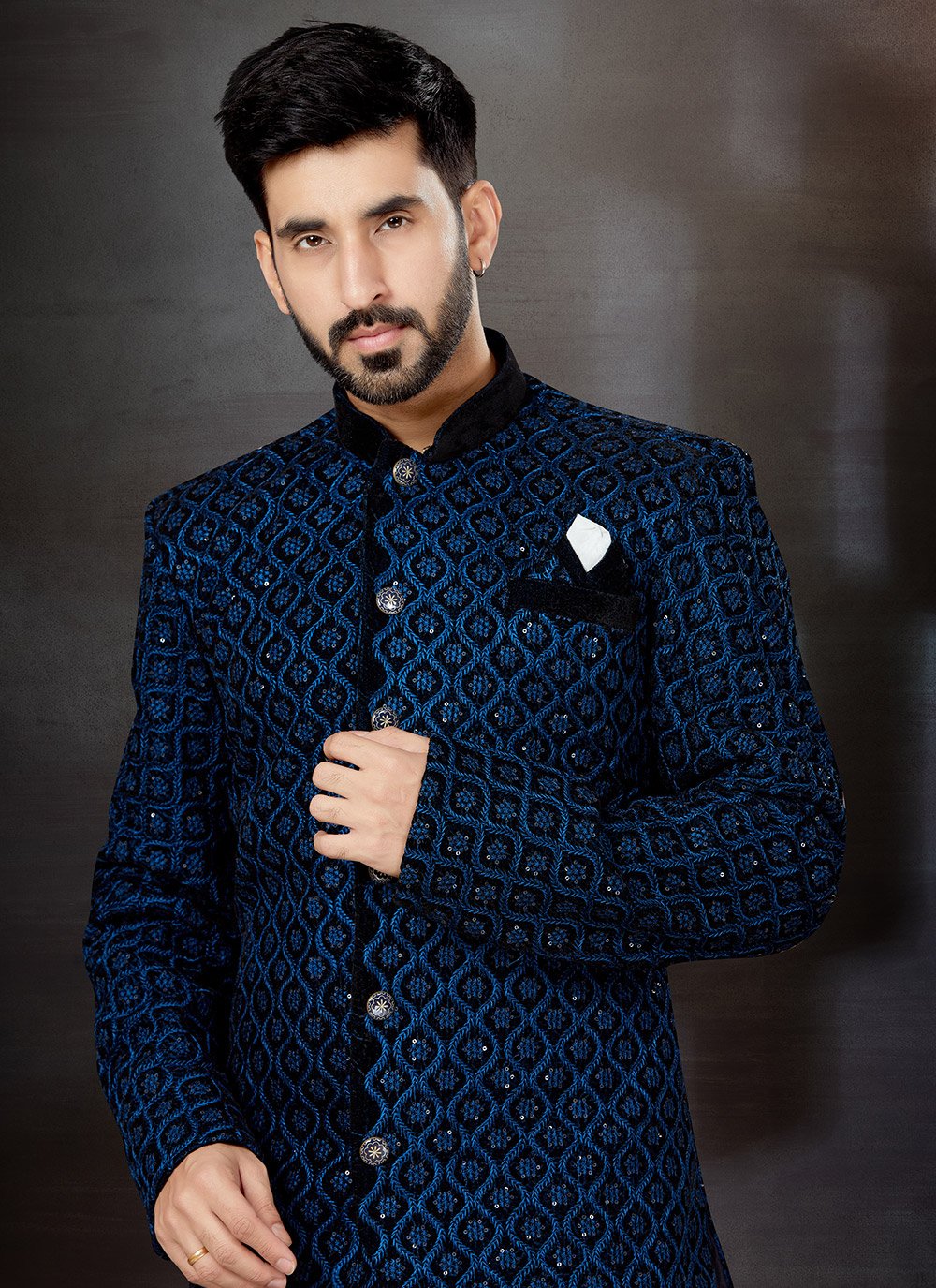 Indo Western Sherwani Velvet Black Blue Embroidered Mens