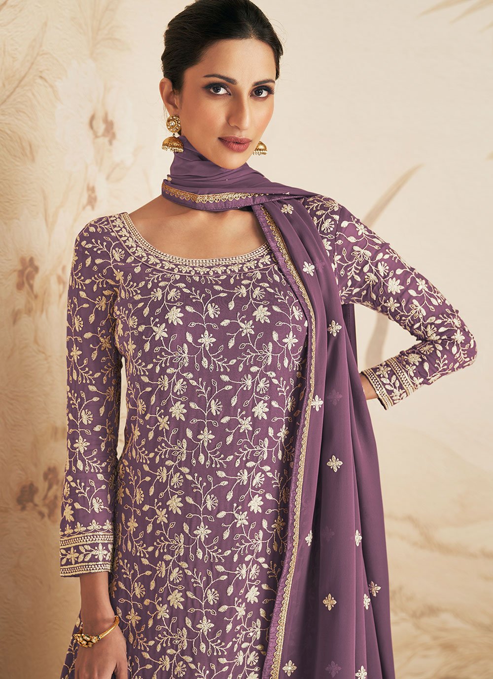 Palazzo Salwar Suit Chinon Georgette Lavender Sequins Salwar Kameez