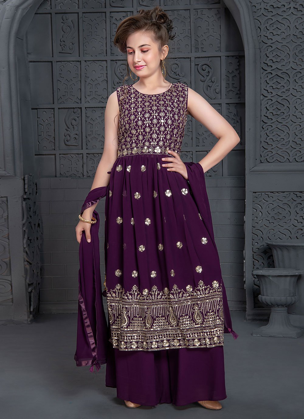Salwar Suit Georgette Purple Embroidered Kids