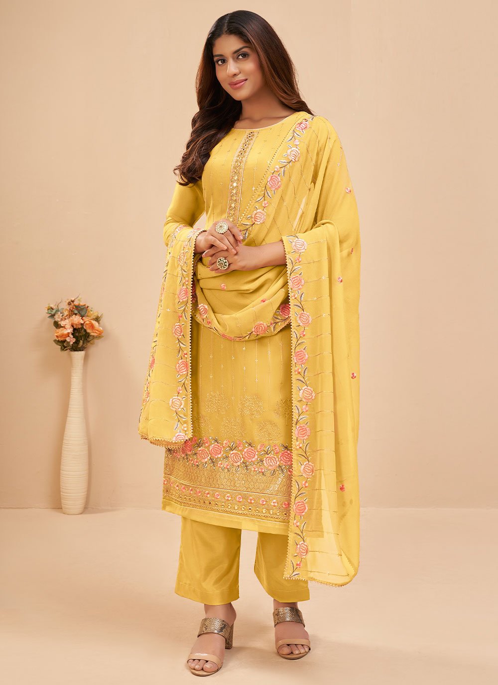 Palazzo Salwar Suit Georgette Yellow Embroidered Salwar Kameez
