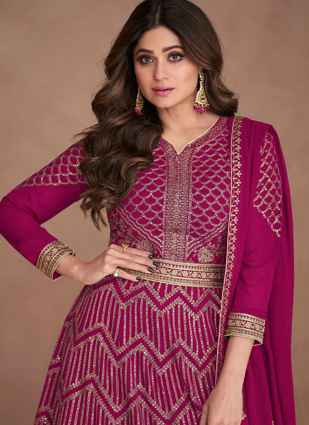 Gown Georgette Fuchsia Embroidered Gown