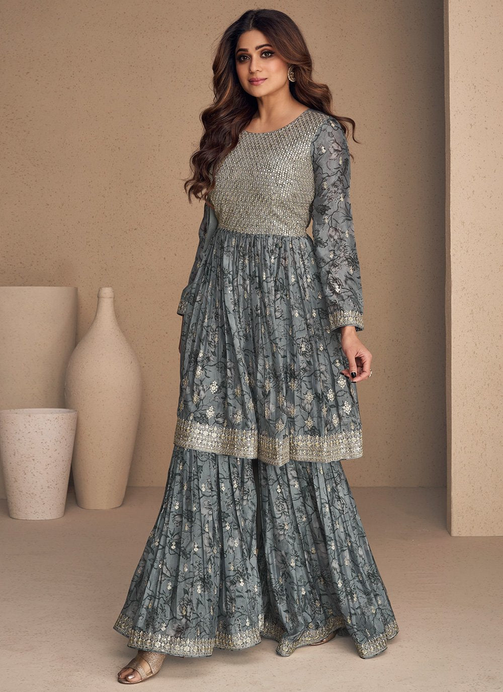 Salwar Suit Chinon Silk Grey Digital Print Salwar Kameez