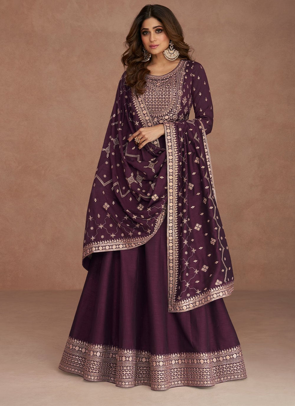 Designer Gown Silk Purple Embroidered Gown
