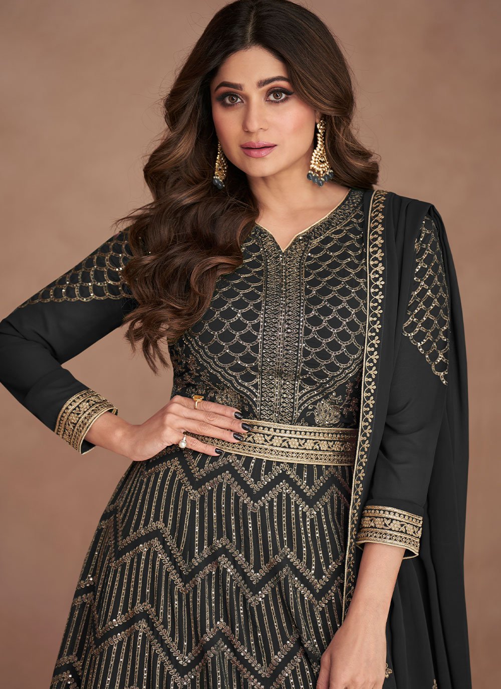 Gown Georgette Black Embroidered Gown