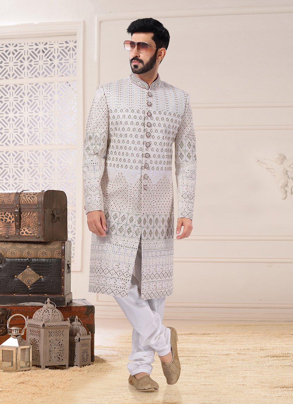 Sherwani Silk White Embroidered Mens